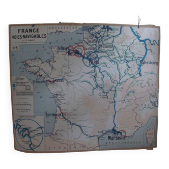 Ancienne carte scolaire de géographie France voies navigables aviation TSF par Gibert