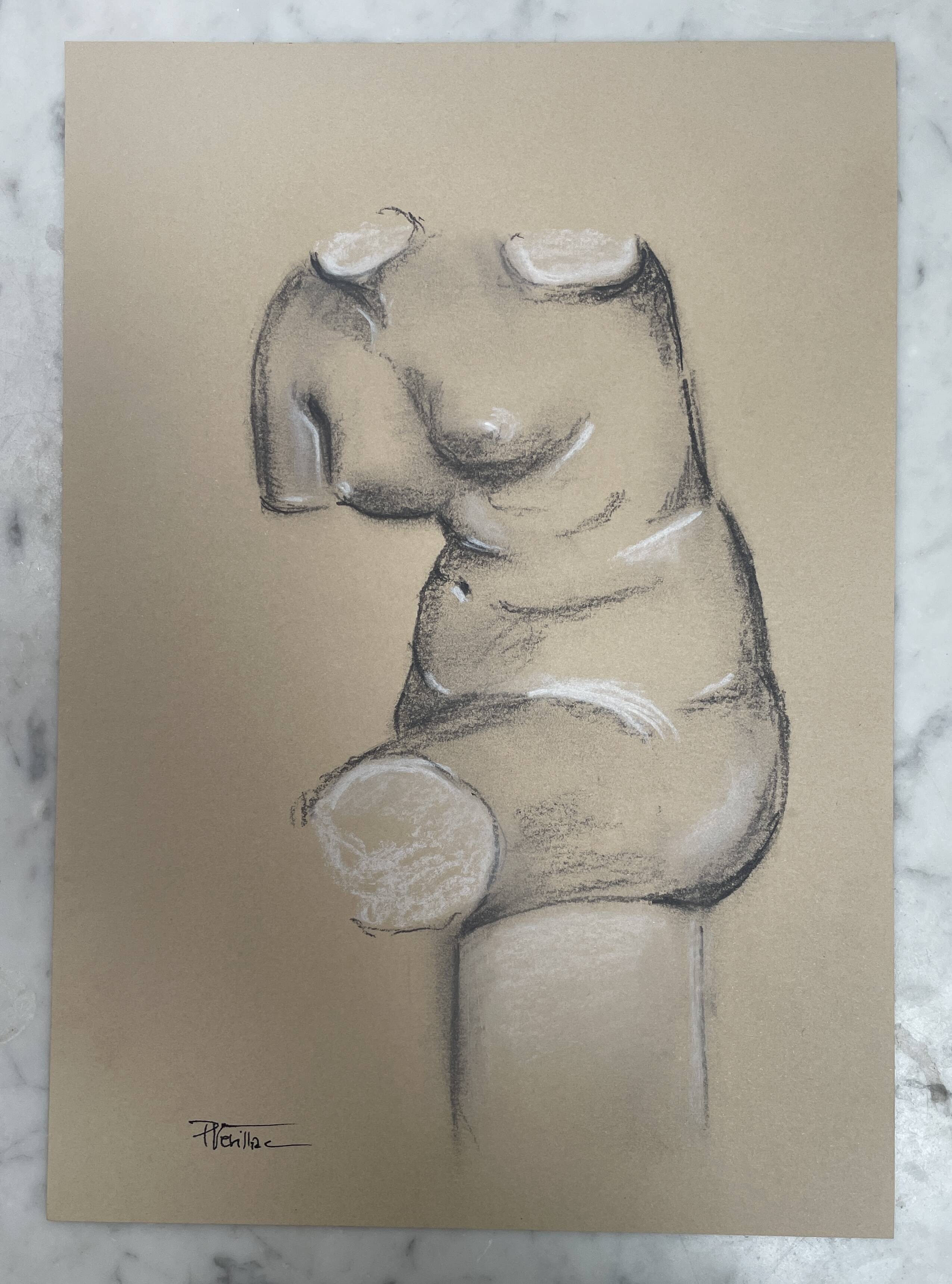 Signed drawing, charcoal study of a plaster bust of a woman from the studio.