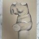Signed drawing, charcoal study of a plaster bust of a woman from the studio.
