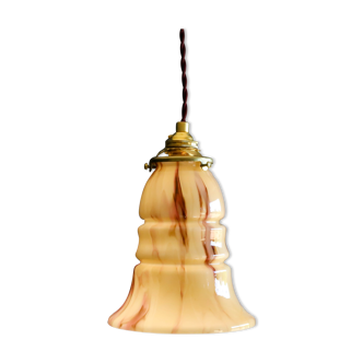 Old French ceiling lamp in beige glass with marble decoration, French suspension - circa 1940