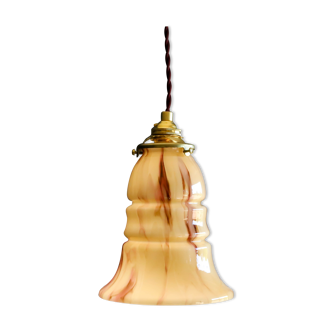 Suspension française ancien en verre beige à décor de marbre, suspension française - vers 1940