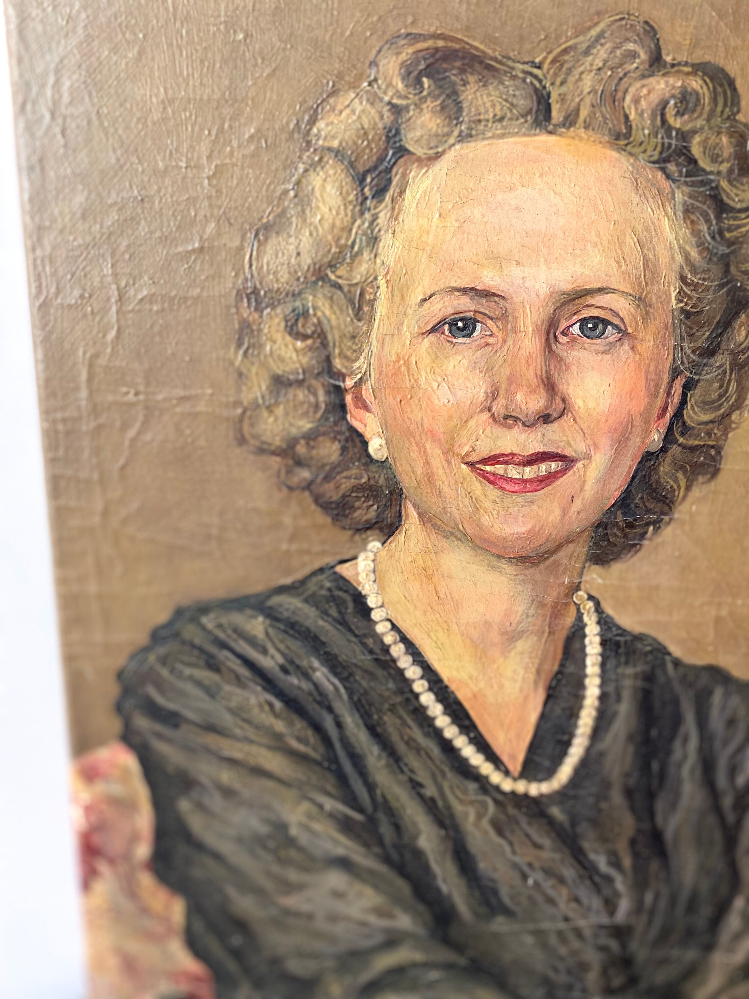 Oil portrait on canvas of an elegant vintage woman 50s