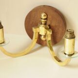 Pair of vintage wall sconces in polished gold brass, wood and glass