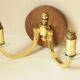 Pair of vintage wall sconces in polished gold brass, wood and glass