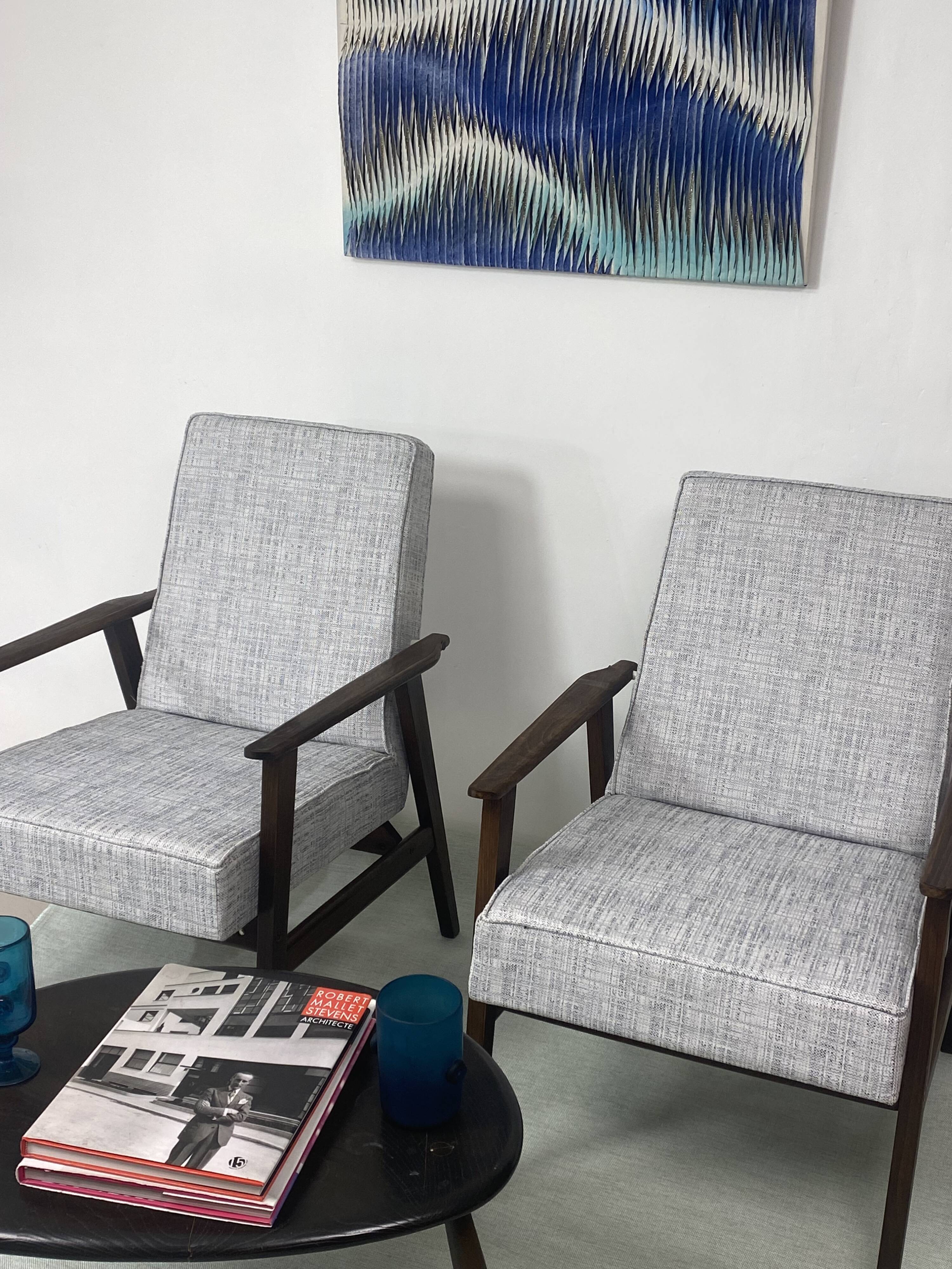 Pair of Henryk Lis 300-190 armchairs, 1970s, heathered grey-blue fabric. Ref: