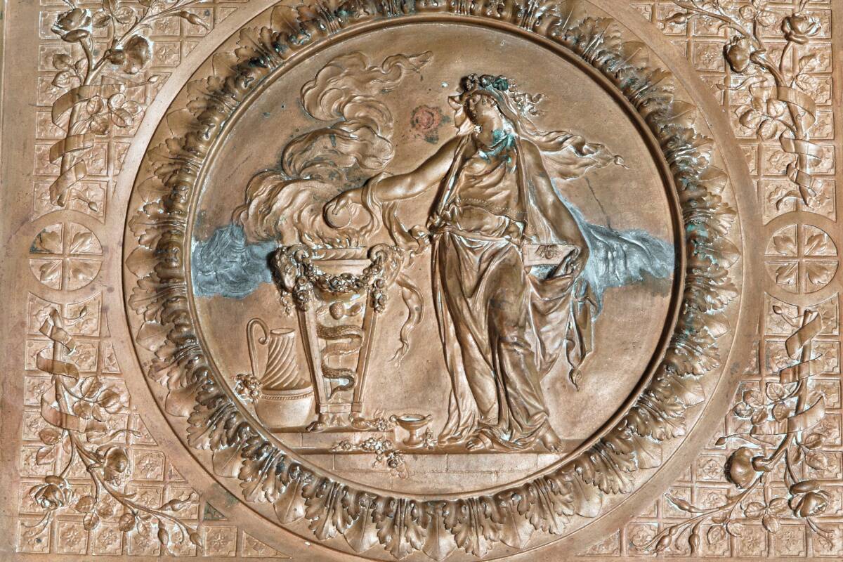 Repoussé copper plaque, early 19th century, in Neoclassical style.
