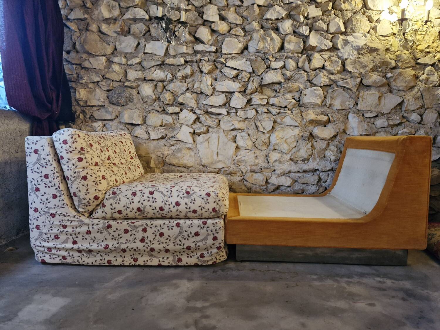 Pair of vintage armchairs, brushed steel frame, velvet.
