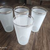 Set of 4 orangeade glasses, vintage Long Drink lemonade in opaque white sandblasted glass and gold edging