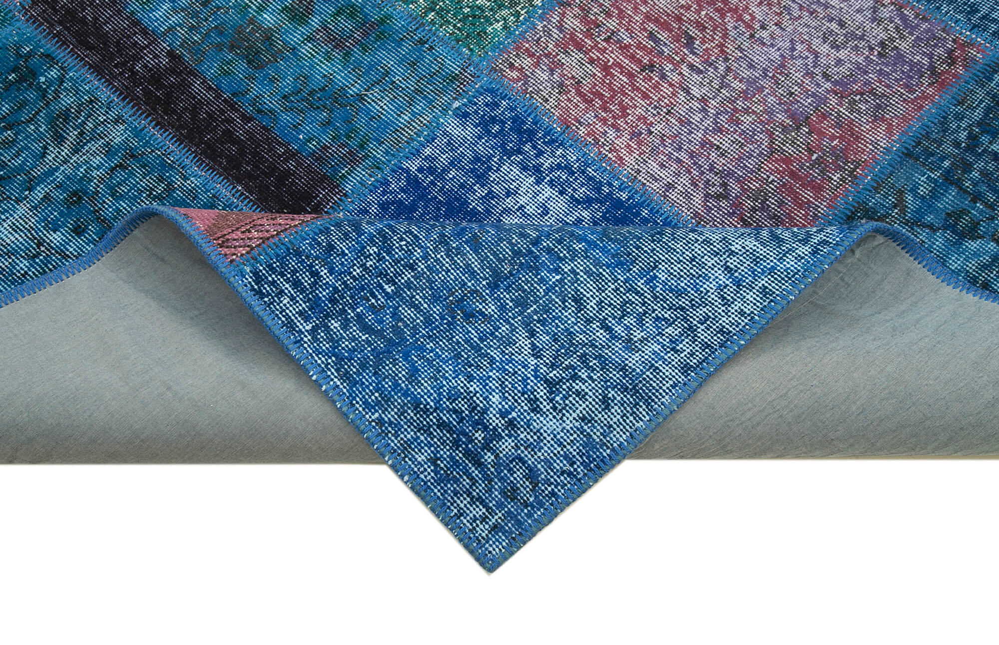 Tapis oriental contemporain 203 cm x 300 cm bleu patchwork fait à la main