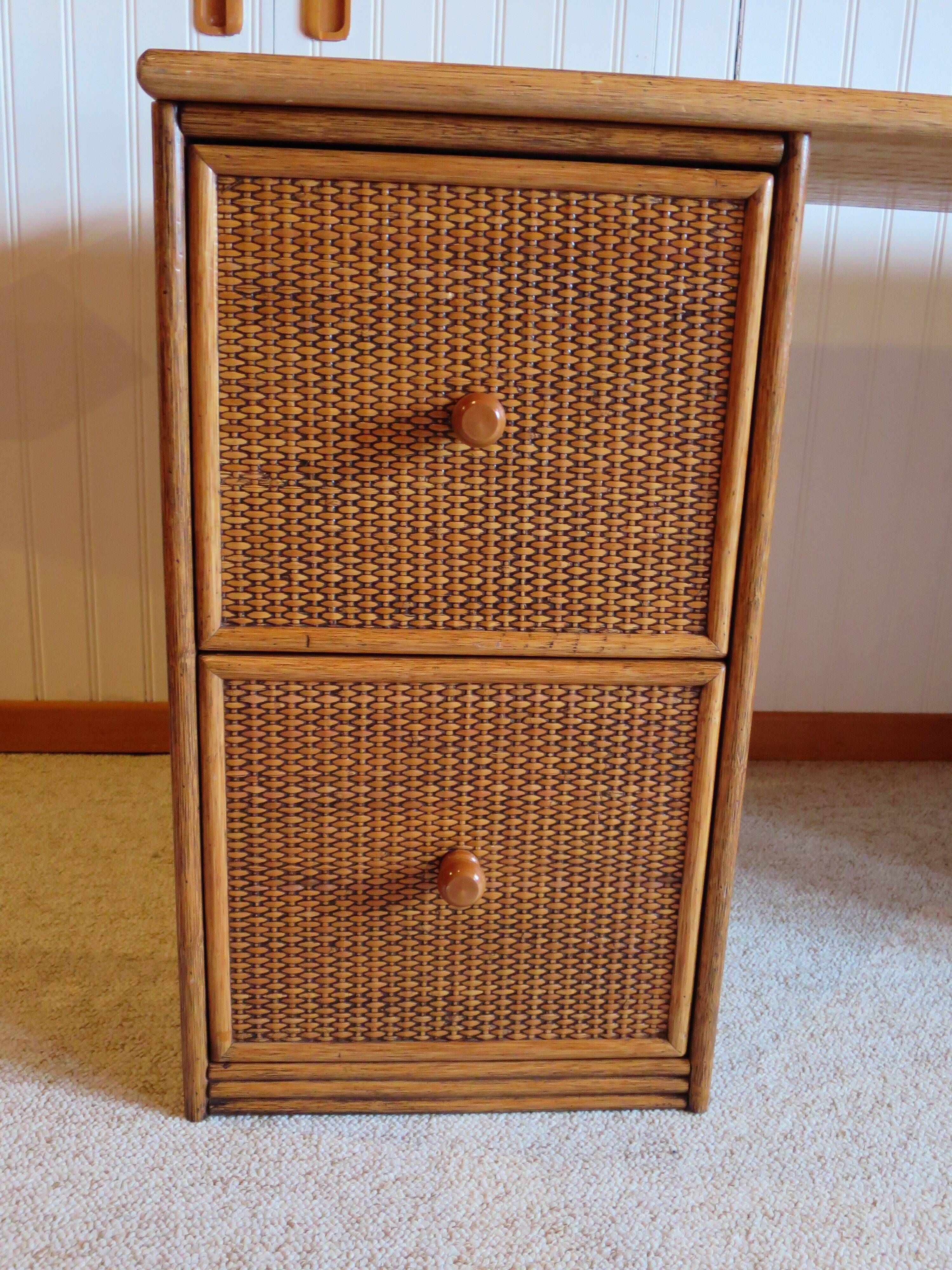Rare vintage desk Ash and woven rattan - Large top - 6 drawers - Functional desk