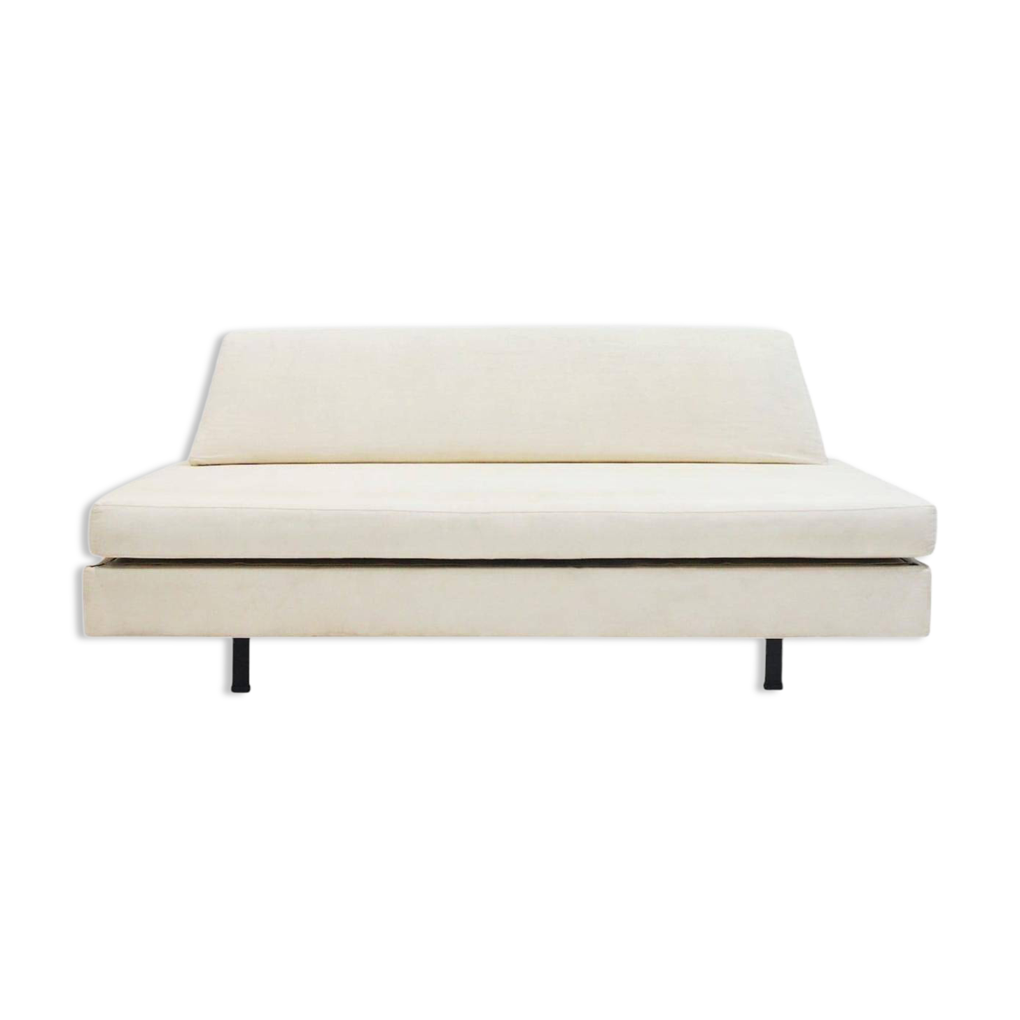 Italian modernist daybed with white upholstery and iron frame.