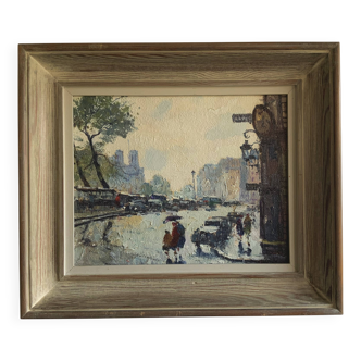 Vintage Oil on Canvas Notre Dame de Paris street in rain scene signed 1950