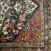 Antique handmade Hamadan Persian rug, ivory medallion on dark background 148x103.