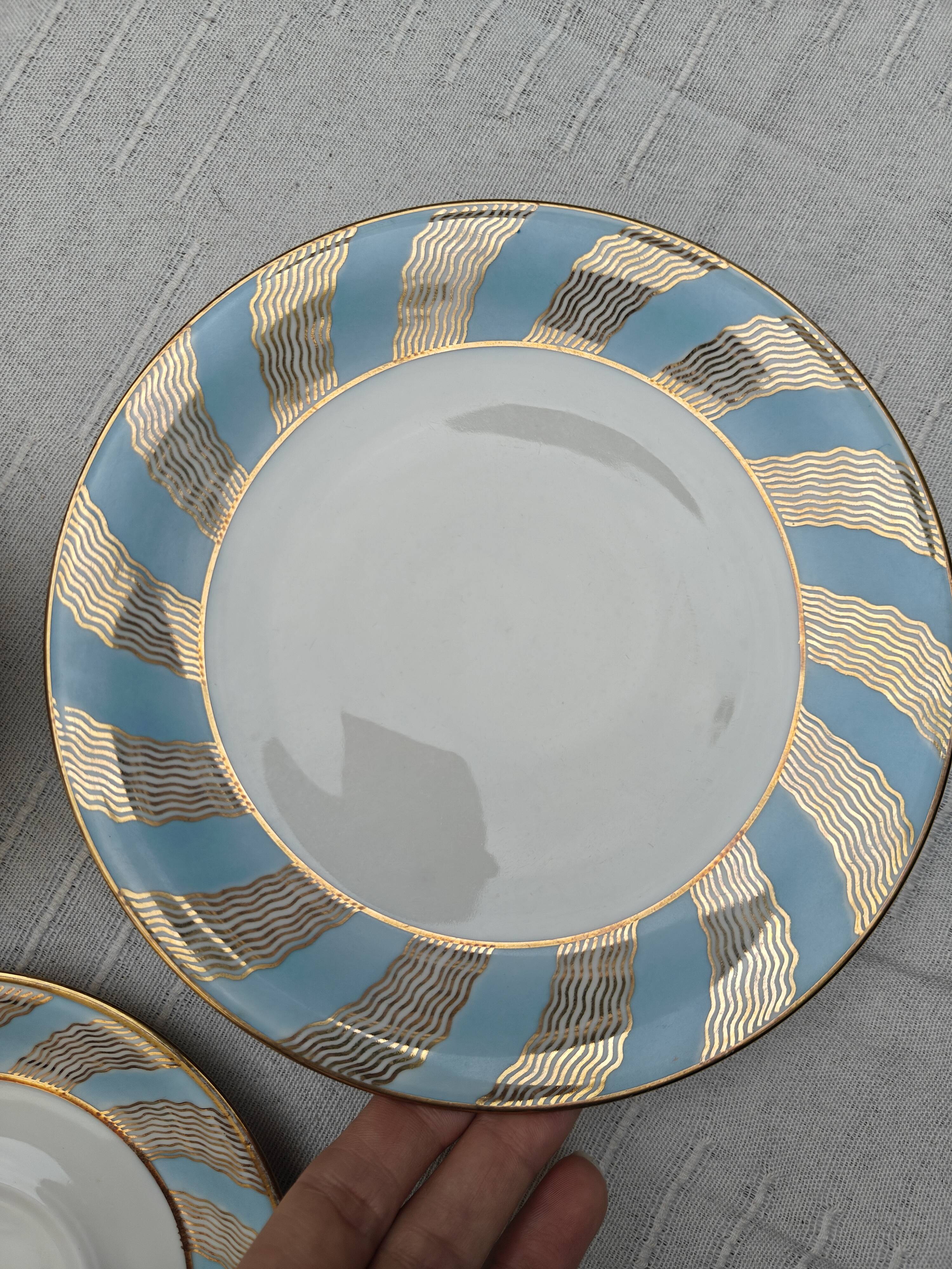 Vintage Bavaria ivory tea/coffee trio, sky blue & gold graphic waves.