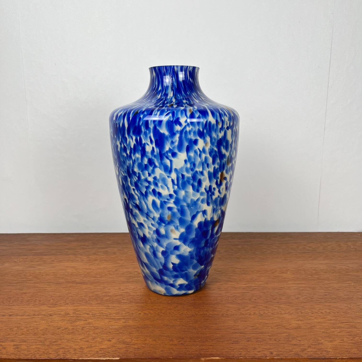 Blown glass vase with cobalt blue and white speckled effect, double walls