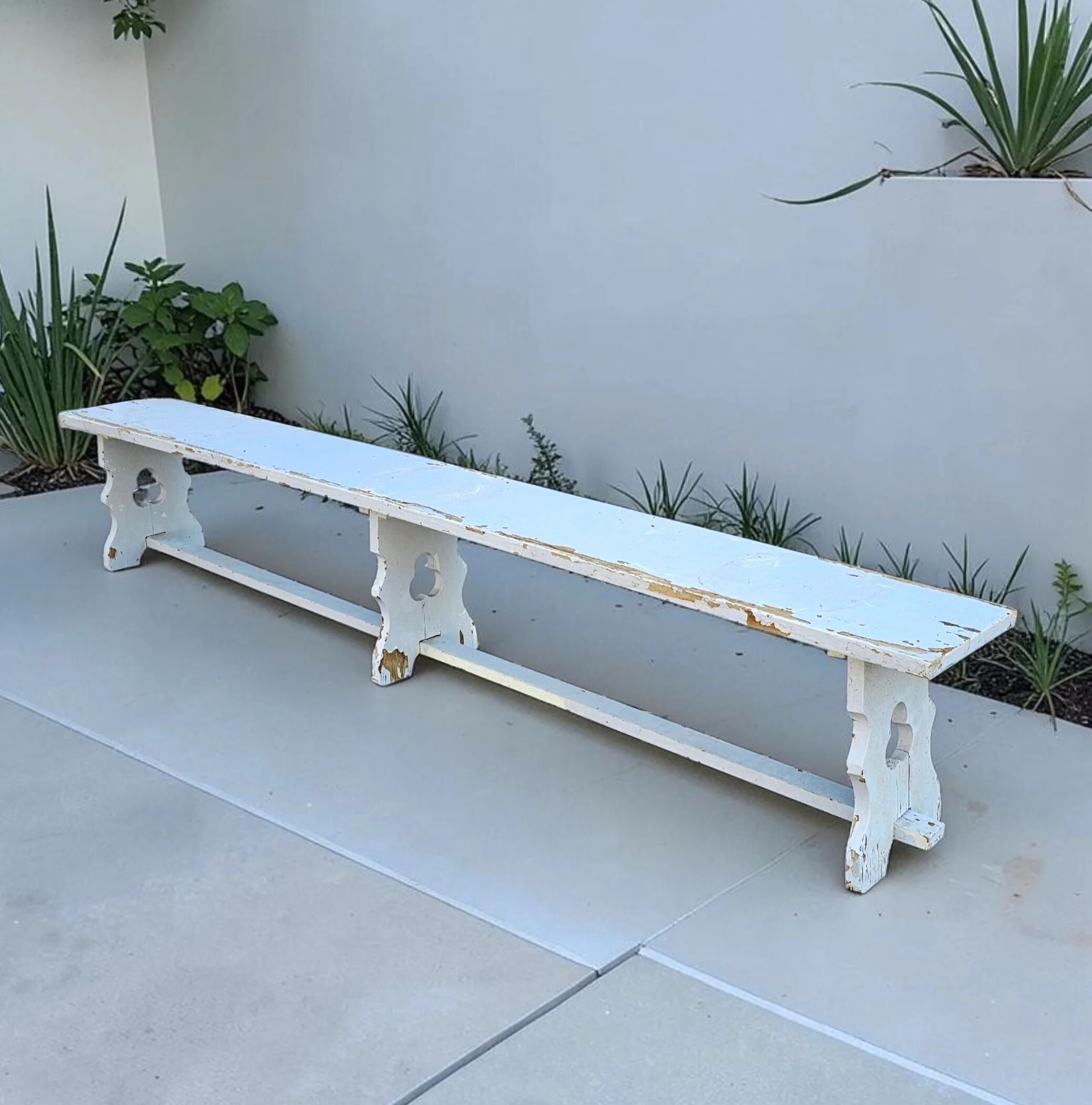 French wooden farmhouse bench / garden bench / 1960s