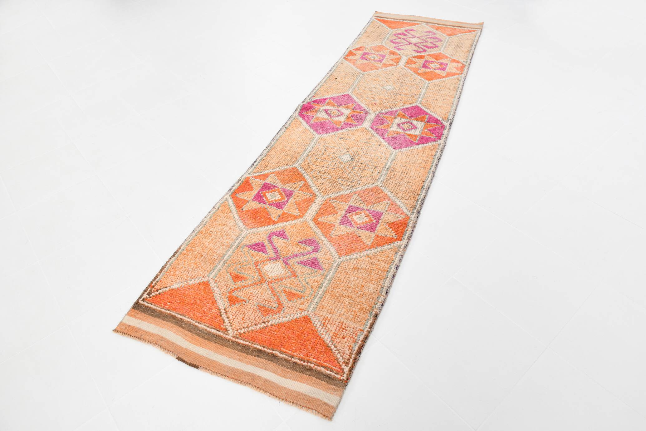 3x10 Vintage Pink & Orange Turkish Runner Rug, 88x323Cm