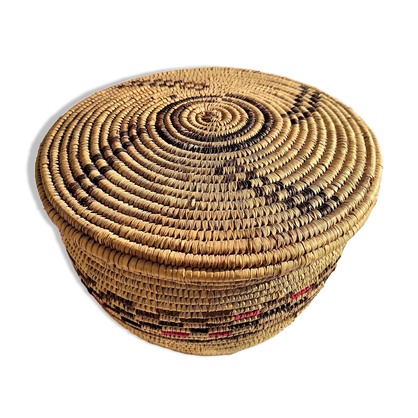 Antique basket with ethnic lid with black/brown and red décor