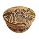 Antique basket with ethnic lid with black/brown and red décor