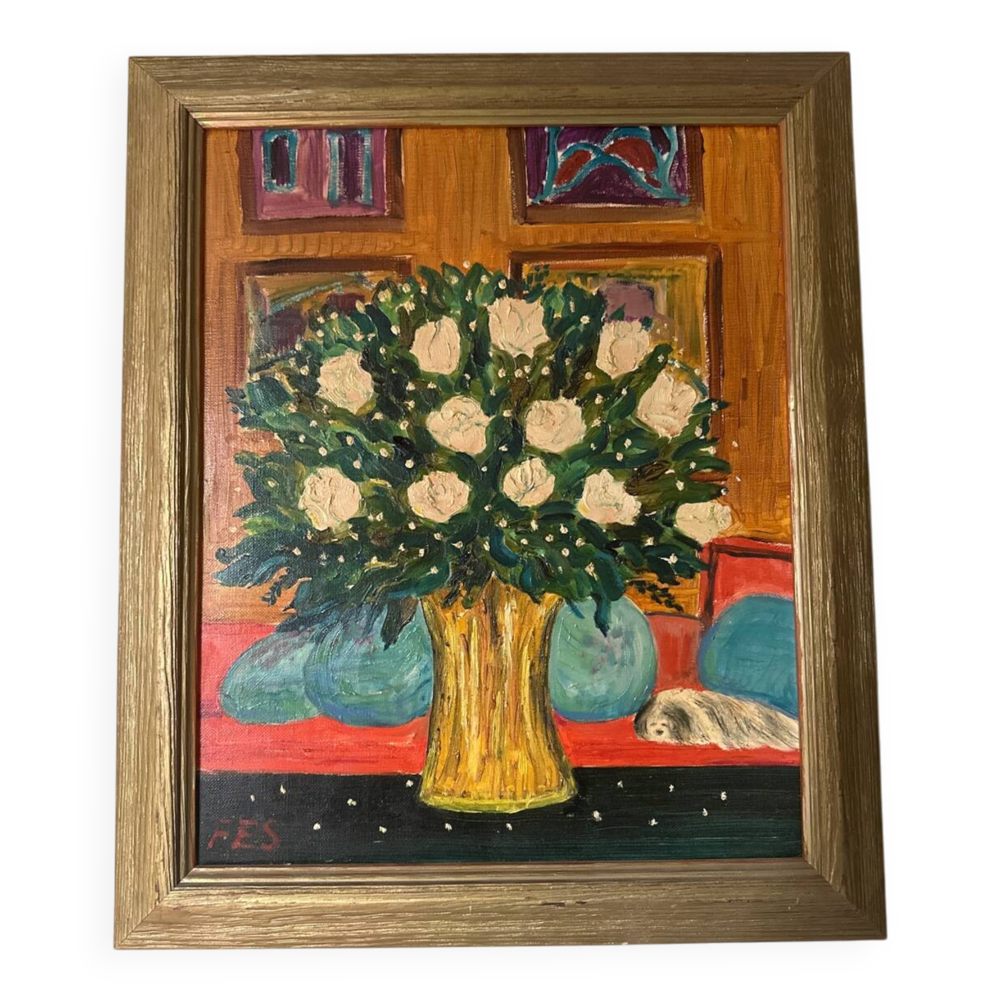 Oil on canvas signed FES – "Bouquet of roses with a small dog" – Style