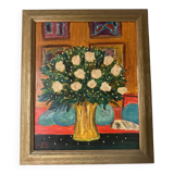 Oil on canvas signed FES – "Bouquet of roses with a small dog" – Style