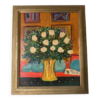 Oil on canvas signed FES – "Bouquet of roses with a small dog" – Style