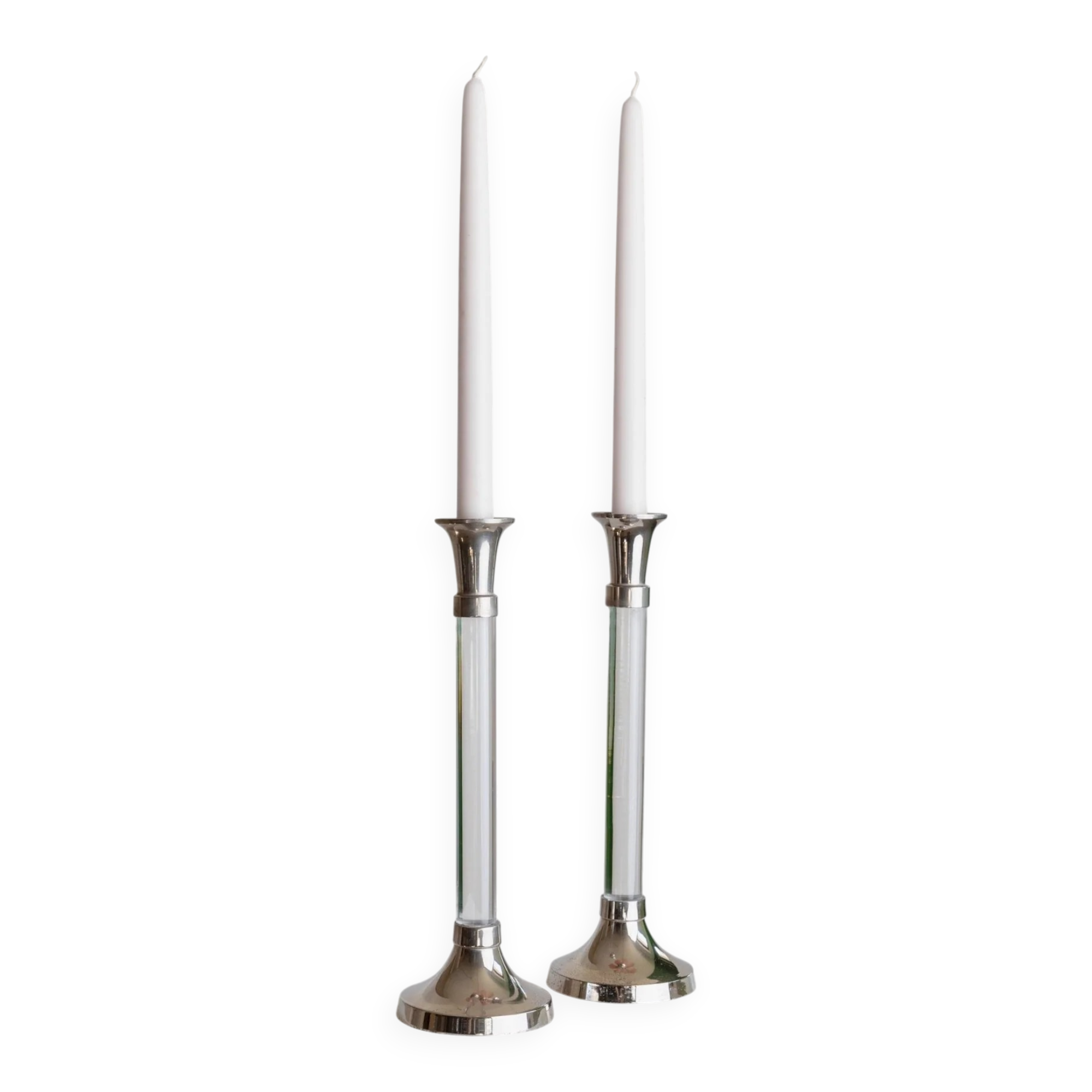 Two Vintage Candlesticks: Transparent Plexiglas & Chrome-Plated Metal, Italy 1970s Mid-Century Design