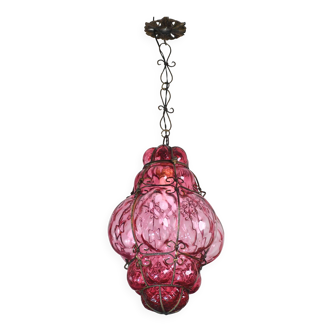 Wonderful magenta colour Venetian lantern, Seguso Murano glass, Italy, 1950s