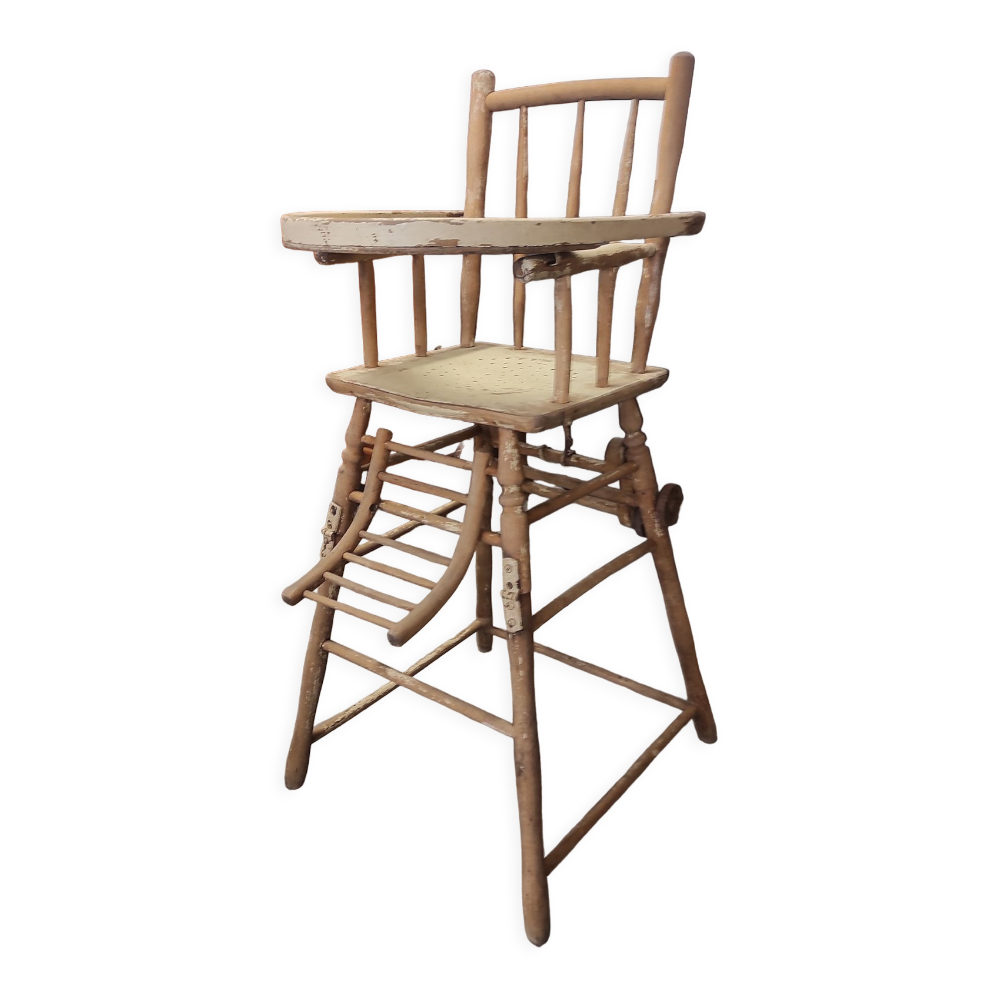 High chair retro baby old wood beech modular patinated white cream art deco dlg Baumann