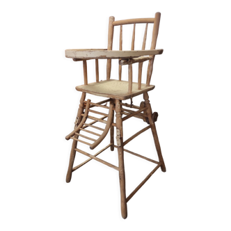 Chaise haute rétro bébé ancienne bois hêtre modulable patinée blanc crème art déco dlg Baumann