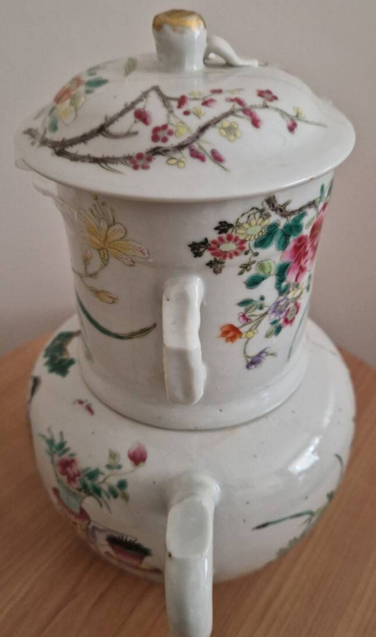 Antique Chinese enameled porcelain teapot with famille rose decoration