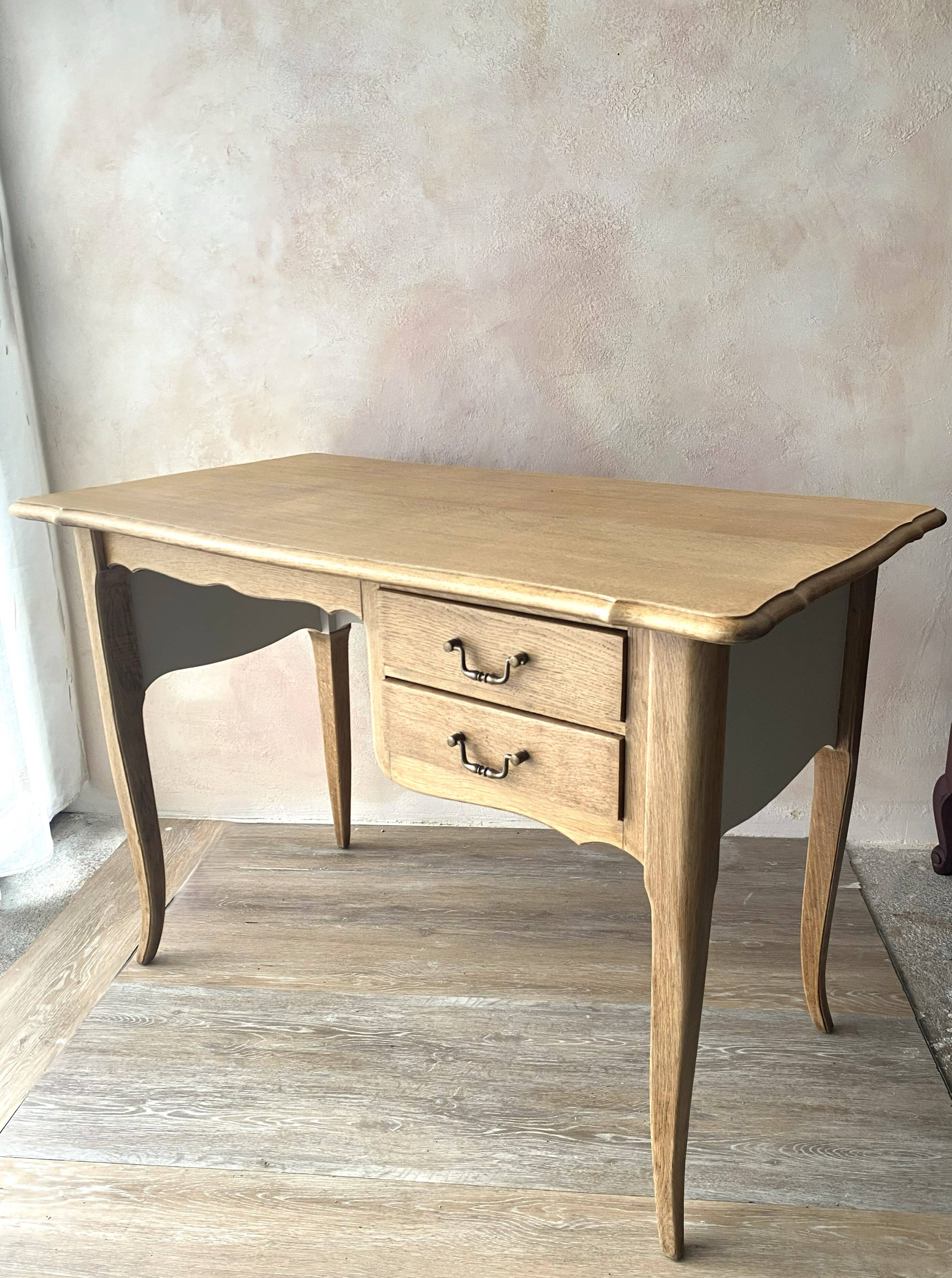 Antique 2-drawer desk in raw wood and beige, renovated.