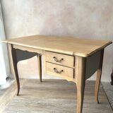 Antique 2-drawer desk in raw wood and beige, renovated.