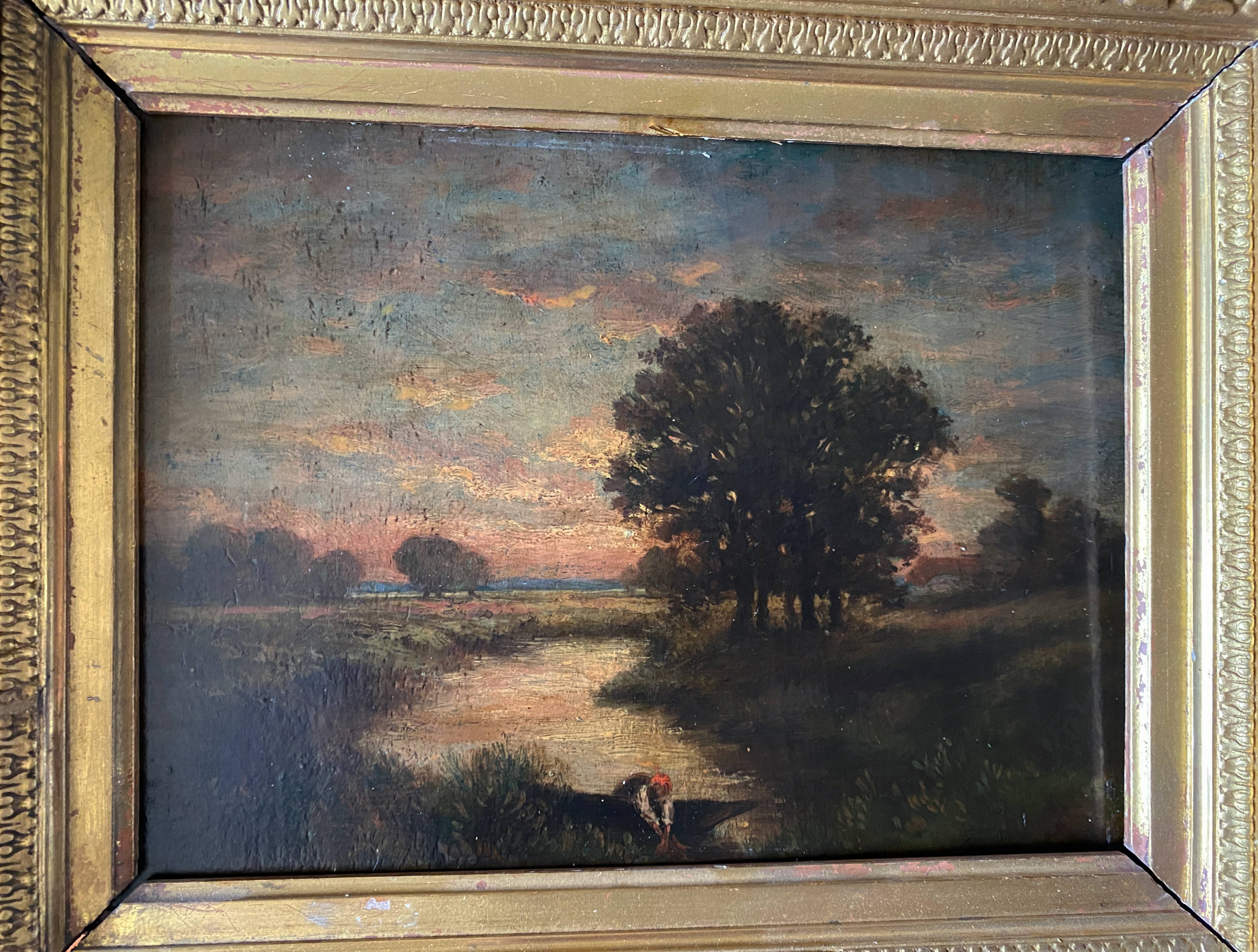 Painting "Landscape with washerwoman" cf. Théodore Rousseau XIX° + frame