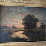 Painting "Landscape with washerwoman" cf. Théodore Rousseau XIX° + frame