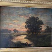 Painting "Landscape with washerwoman" cf. Théodore Rousseau XIX° + frame