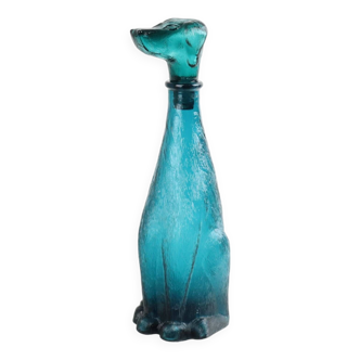 Carafe vintage teckel en verre bleu d'Empoli, Italie