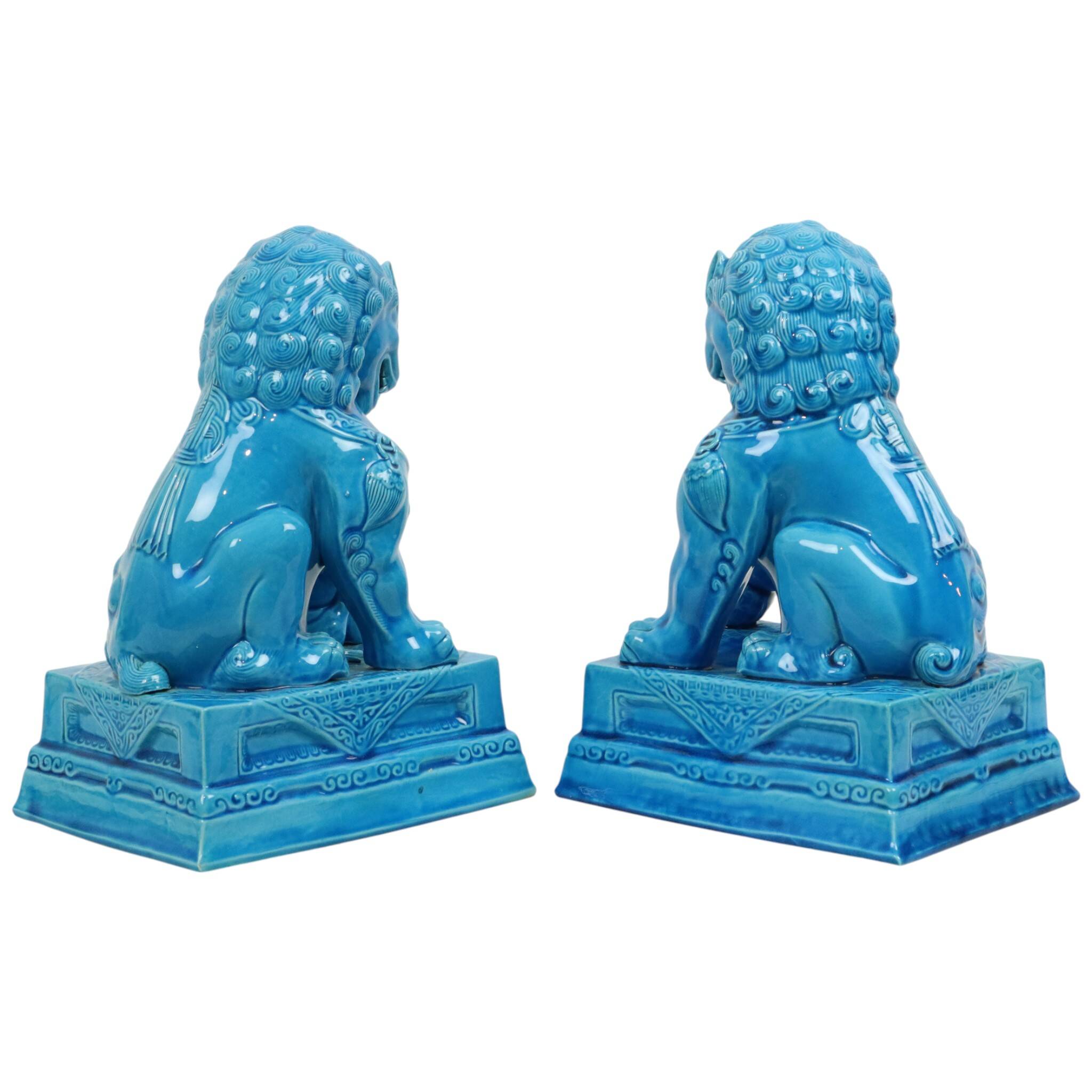 Large Temple Lion Statues Foo Dogs Blue Porcelain 25cm