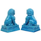 Large Temple Lion Statues Foo Dogs Blue Porcelain 25cm