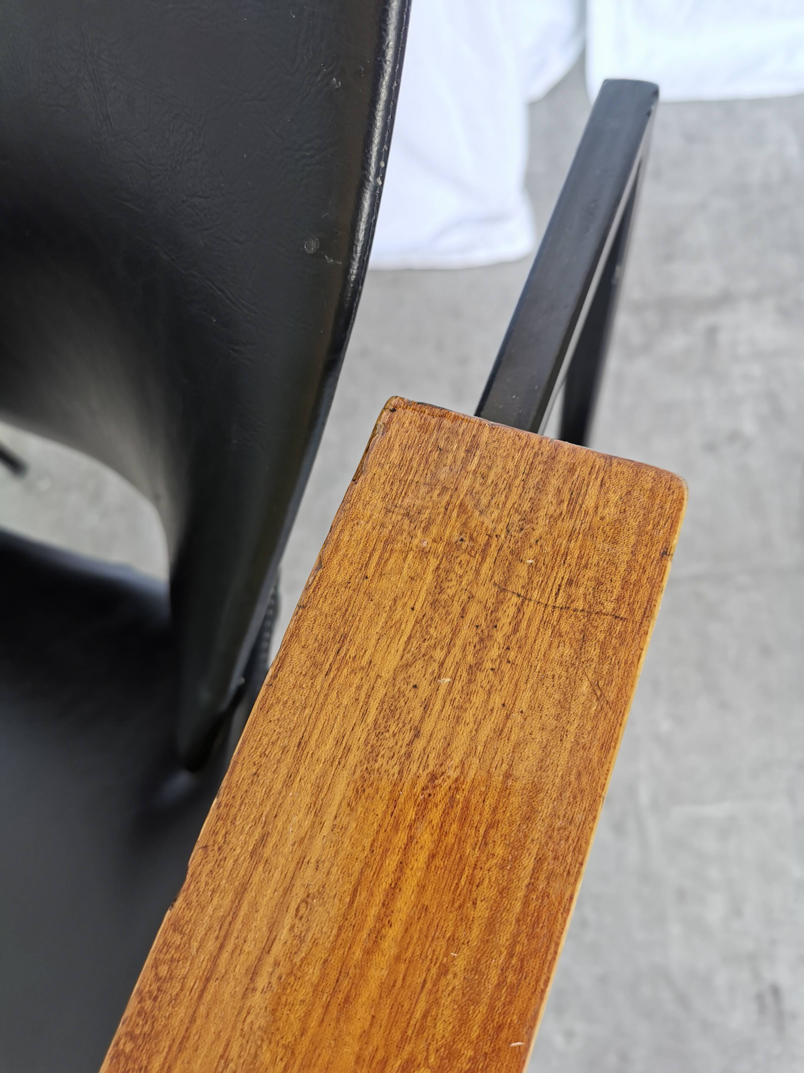 Vintage Niko Kralj Lounge Chair: Black Skai Leather & Wood Armrests