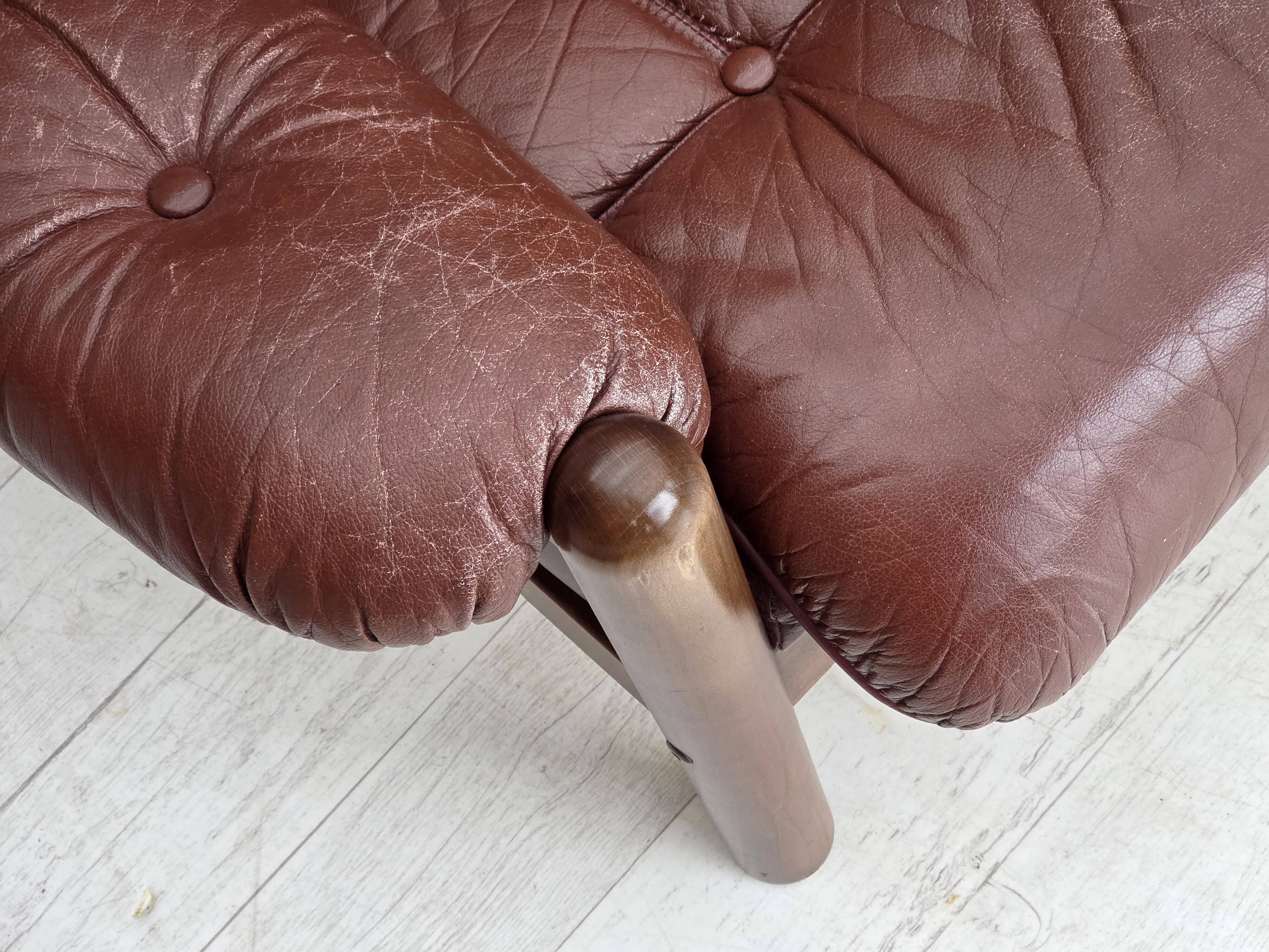 1970s, 2-seater Swedish sofa, brown leather with patina, dark beech wood.