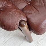 1970s, 2-seater Swedish sofa, brown leather with patina, dark beech wood.
