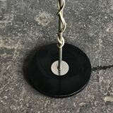 Mid-Century brown wooden and metal floor lamp, large diameter woven lampshade from the 1950s.