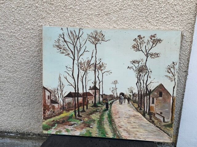 Canvas on village scene frame signed vintage Denise