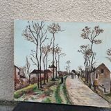 Canvas on village scene frame signed vintage Denise