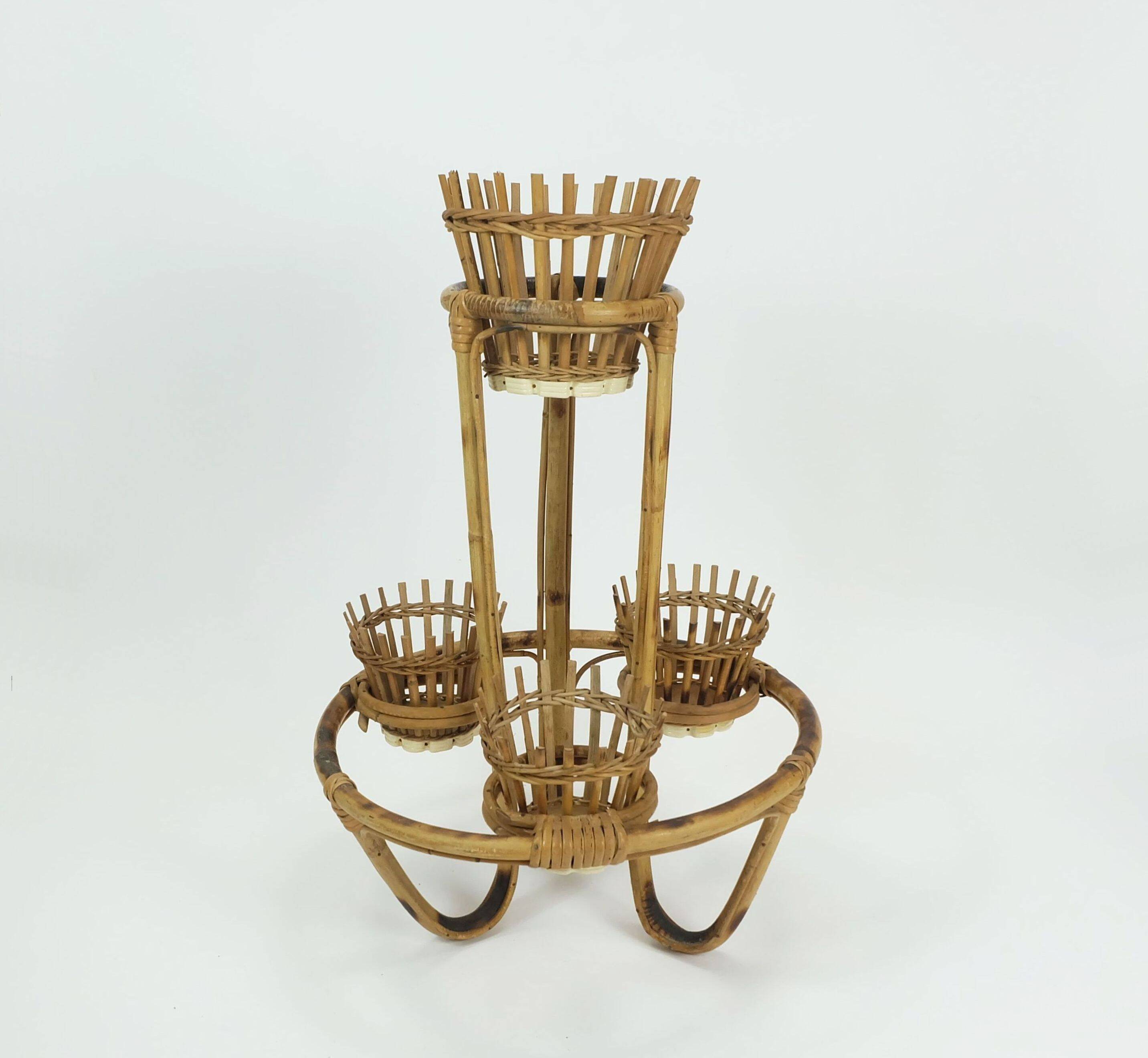 mid century PLANT STAND rack 1950s 60s bamboo rattan hawaii tiki era