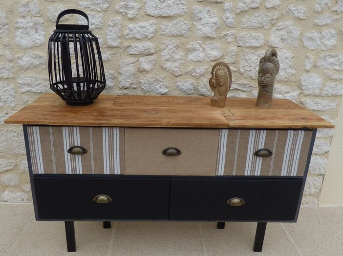 Console with raw wood top and 5 drawers in burlap and imitation leather