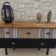 Console with raw wood top and 5 drawers in burlap and imitation leather