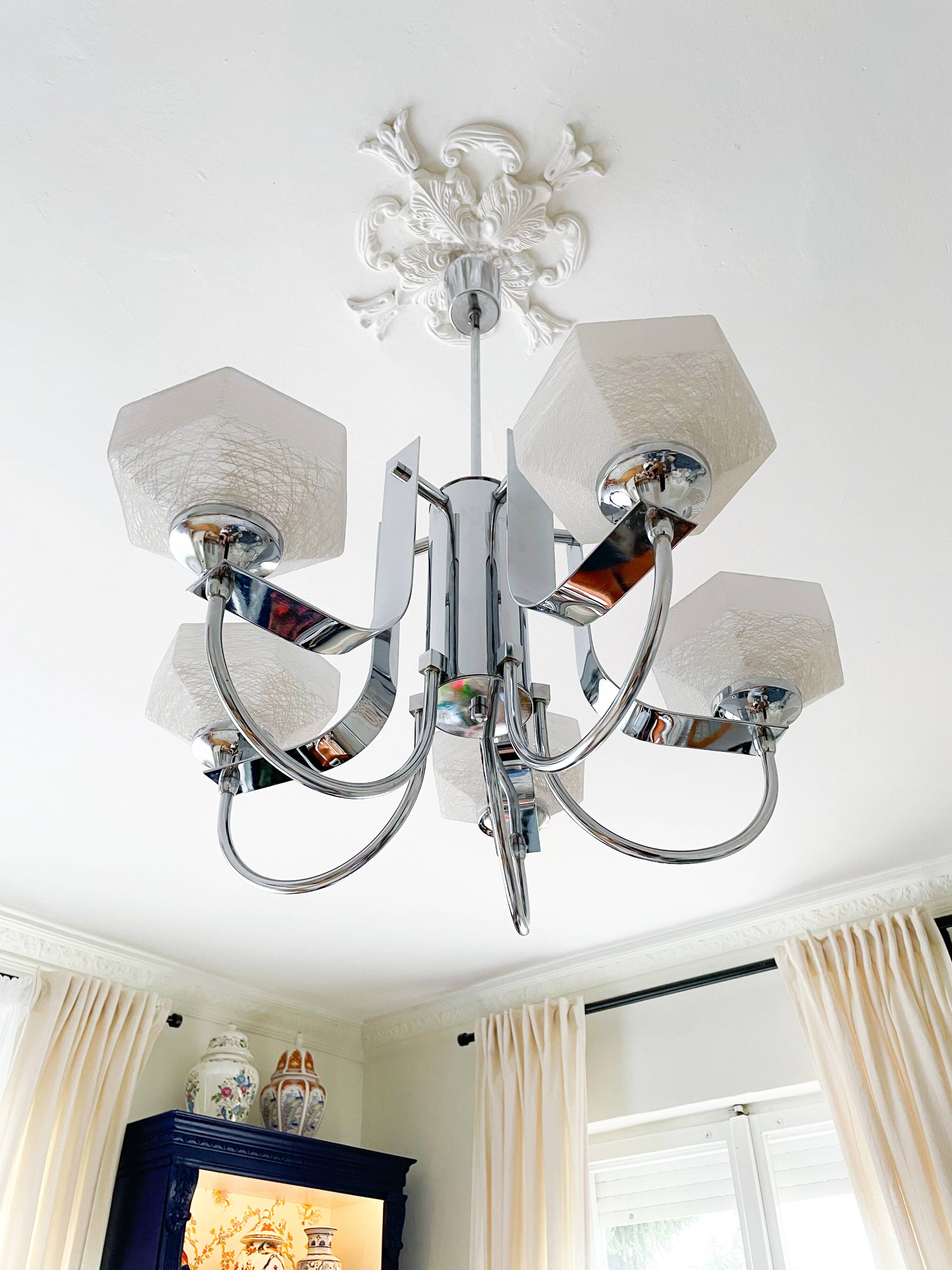 Lustre Gaetano Sciolari à 5 bras en métal chromé, Italie 1970