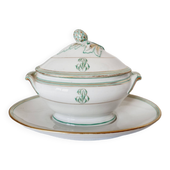 Saucière Antique avec Couvercle ou Mostacero Porcelaine Française Style Napoléon III 18ème Siècle ve